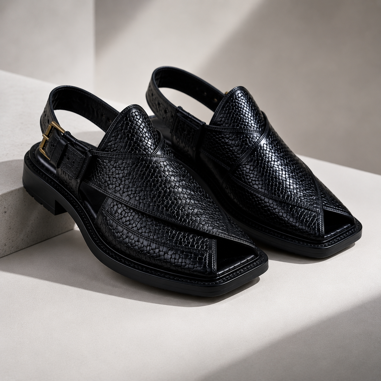 Noir™ Handwoven Black Leather Peshawari Chappal