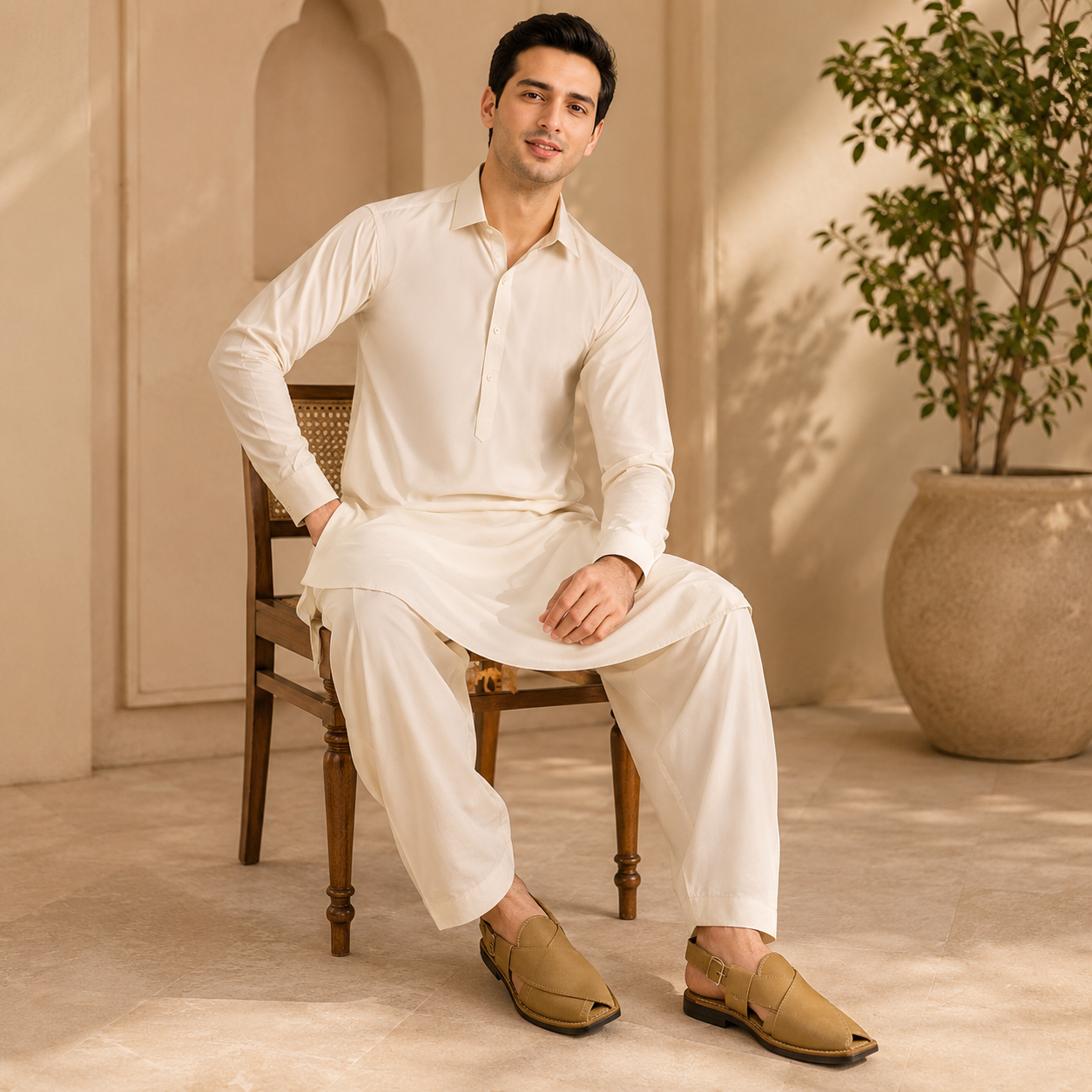 Sahara™ Sand Beige Leather Peshawari Chappal