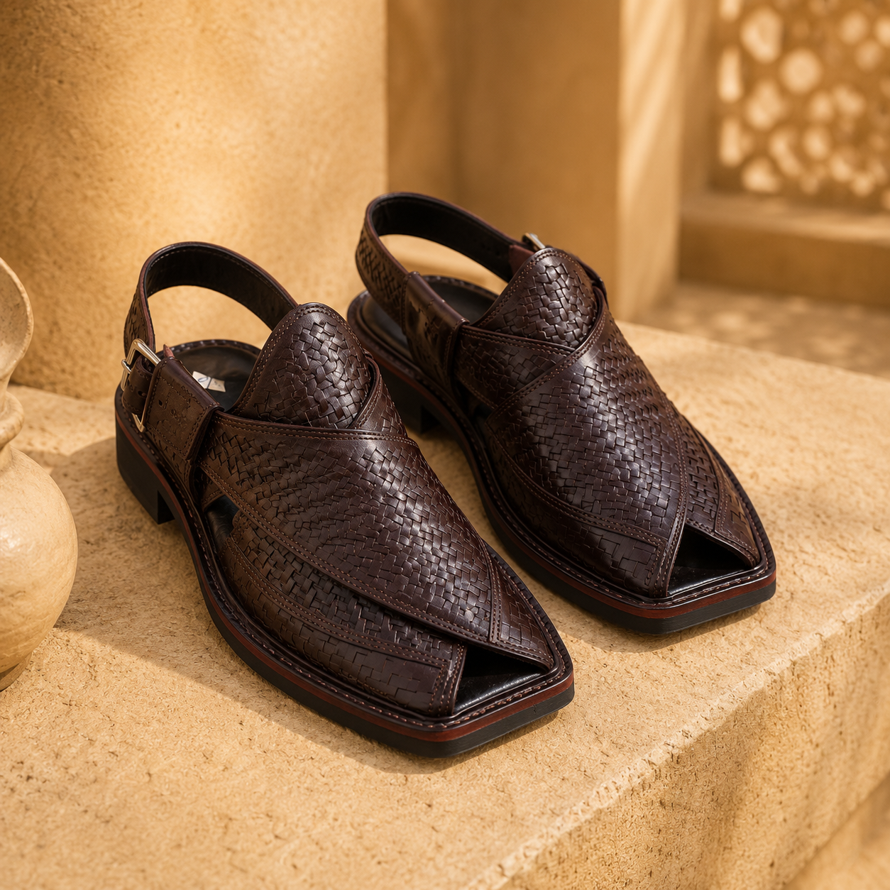 Heritage Weave™ Dark Brown Leather Peshawari Chappal