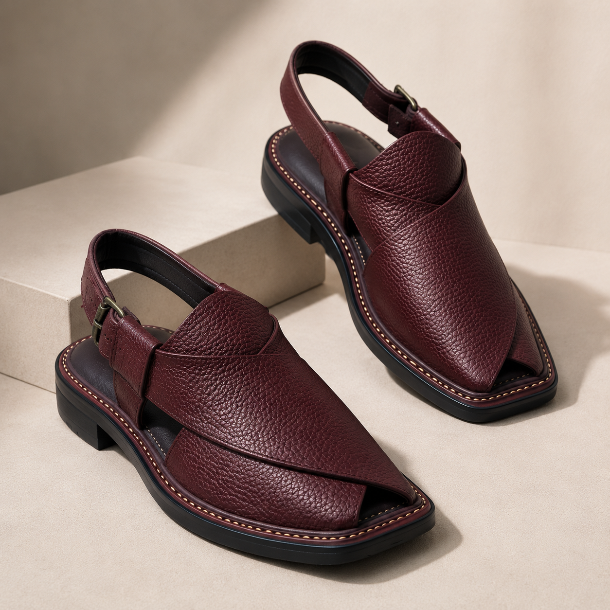 Burgundy™ Maroon Leather Peshawari Chappal