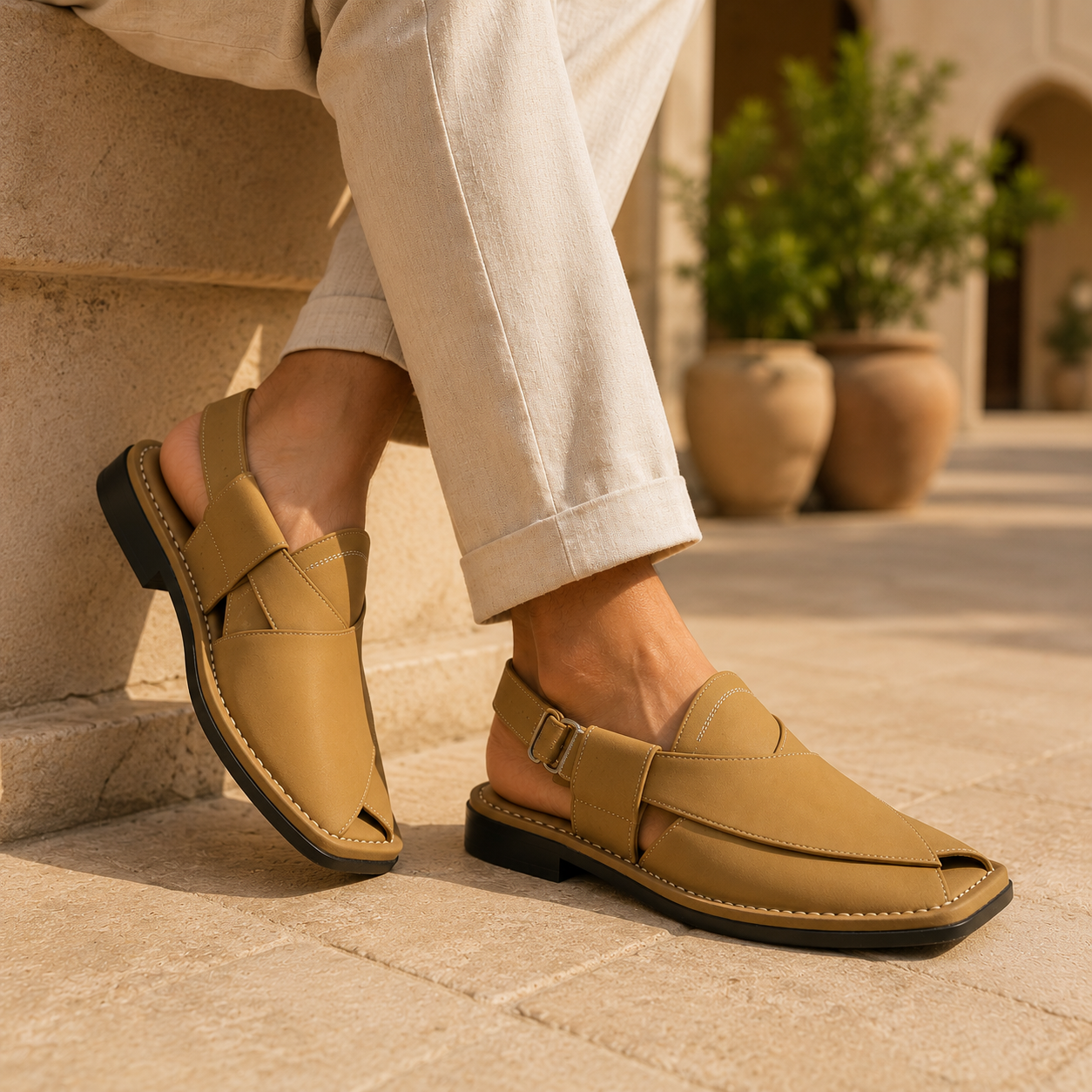 Sahara™ Sand Beige Leather Peshawari Chappal