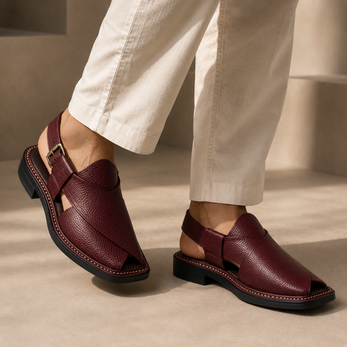 Burgundy™ Maroon Leather Peshawari Chappal