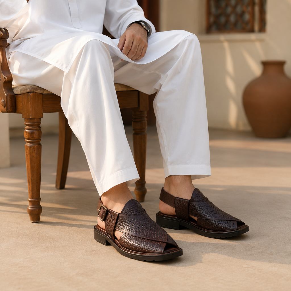 Heritage Weave™ Dark Brown Leather Peshawari Chappal