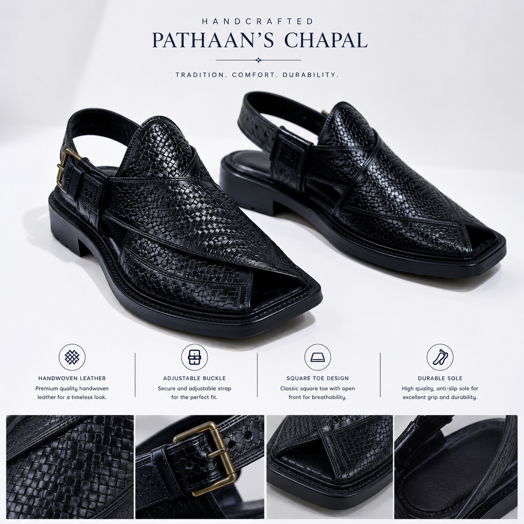 Noir™ Handwoven Black Leather Peshawari Chappal