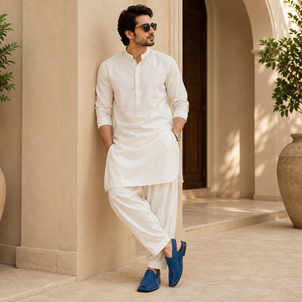 Azure™ Royal Blue Leather Peshawari Chappal