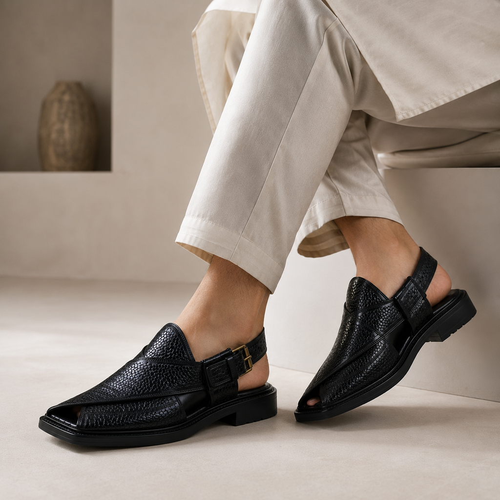 Noir™ Handwoven Black Leather Peshawari Chappal