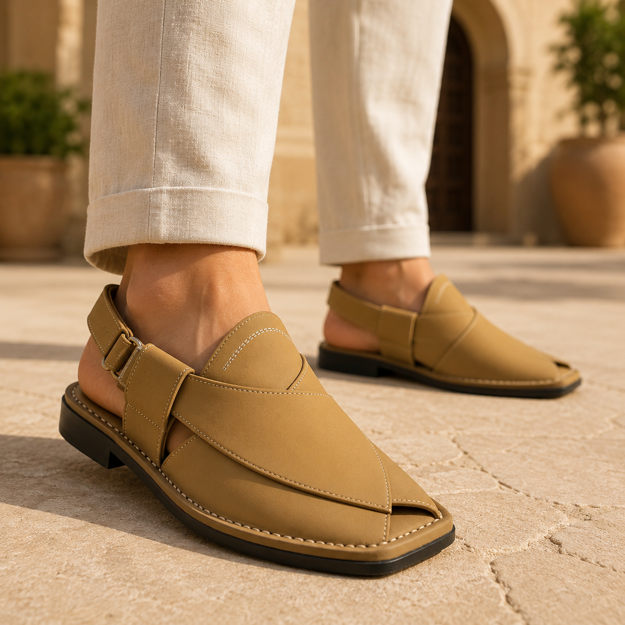 Sahara™ Sand Beige Leather Peshawari Chappal
