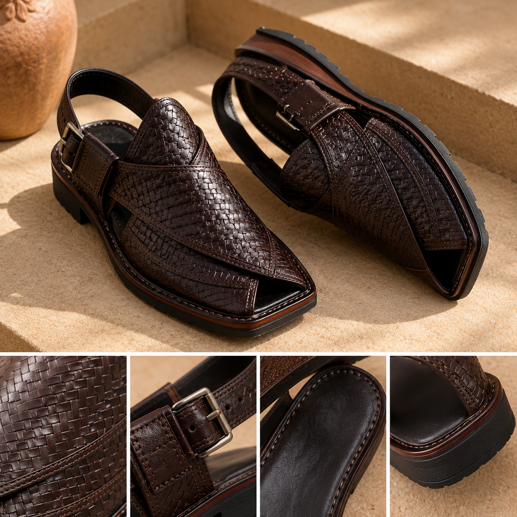 Heritage Weave™ Dark Brown Leather Peshawari Chappal