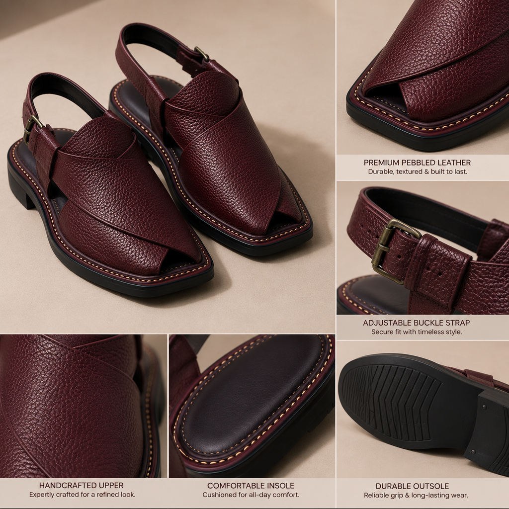 Burgundy™ Maroon Leather Peshawari Chappal