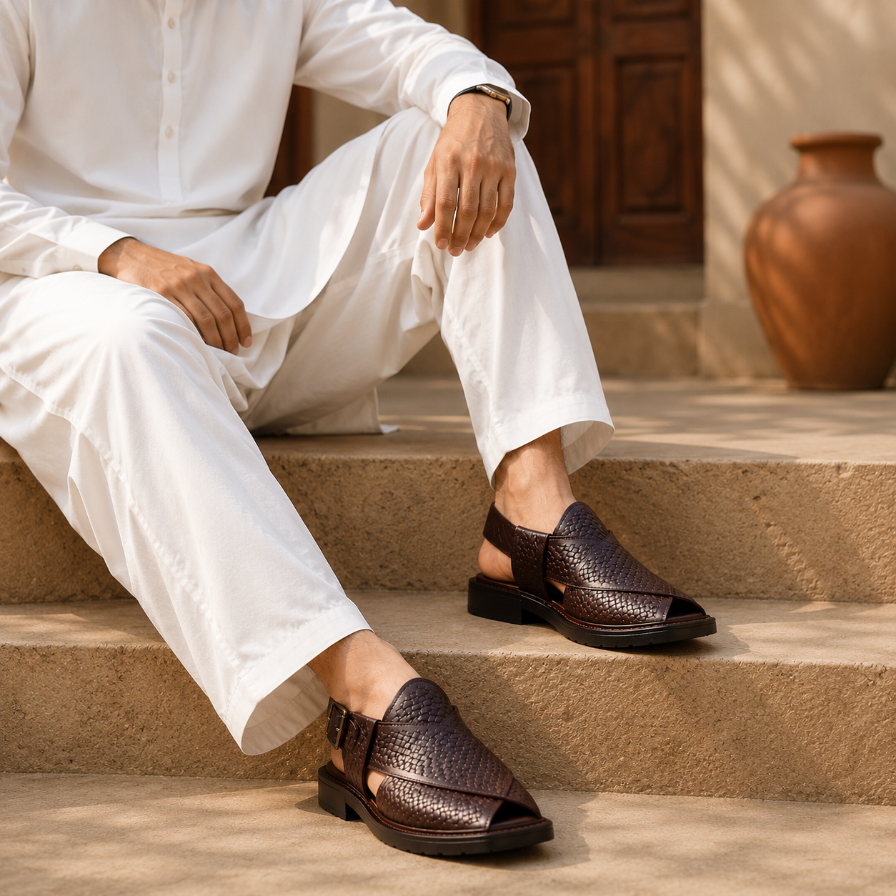 Heritage Weave™ Dark Brown Leather Peshawari Chappal