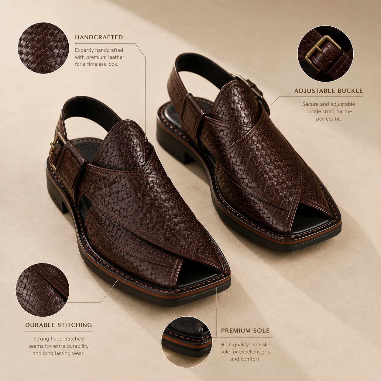 Heritage Weave™ Dark Brown Leather Peshawari Chappal