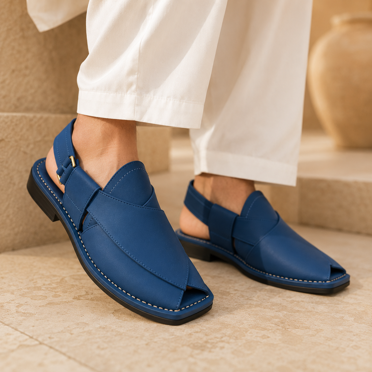 Azure™ Royal Blue Leather Peshawari Chappal